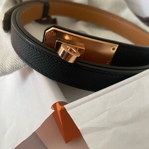 Hermes Black Leather Belt with Rose Gold Buckle